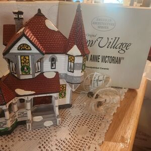 Department 56 Snow Village Queen Anne Victorian House - Red, White, Gray